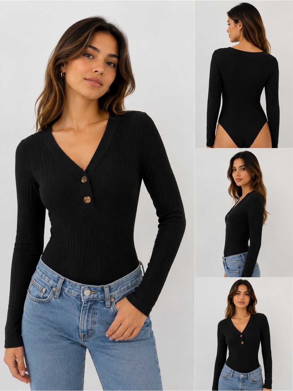 Hippie Rose Black Ribbed V-Neck Long-Sleeve Bodysuit